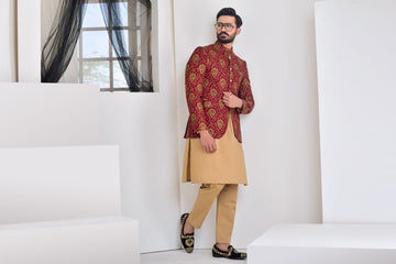 Maroon Color Copper Embroidered Prince Coat For Men